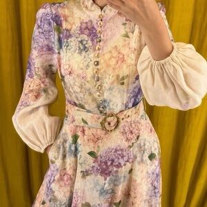 Zimmermann Floral Print Puff Sleeve Cinched Waist Dress